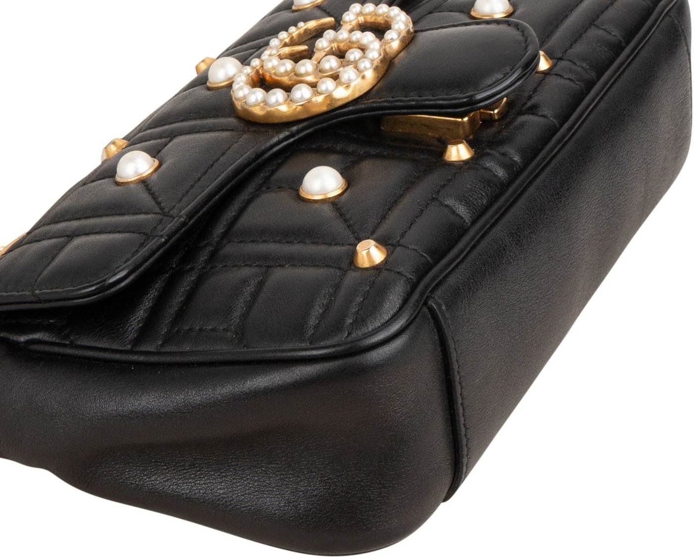 Gucci Monogram Quilted Leather GG Marmont Pearl Studded Shoulder Crossbody Bag