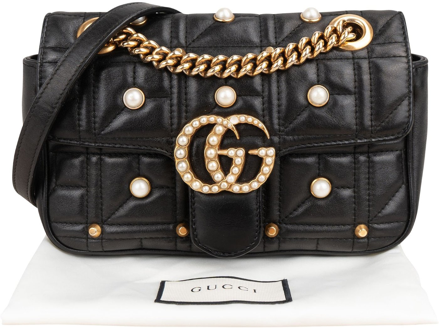 Gucci Monogram Quilted Leather GG Marmont Pearl Studded Shoulder Crossbody Bag