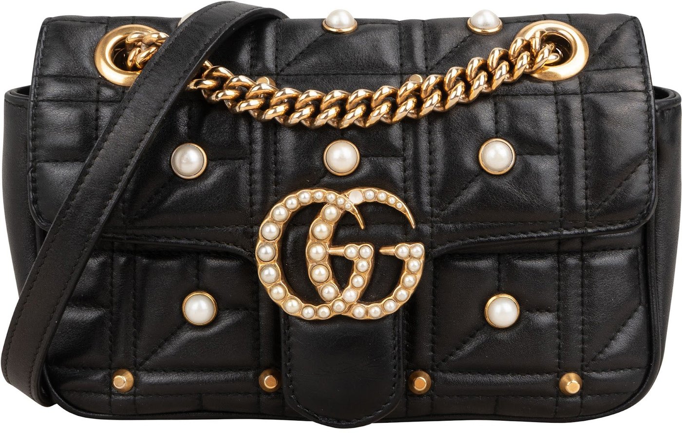 Gucci Monogram Quilted Leather GG Marmont Pearl Studded Shoulder Crossbody Bag
