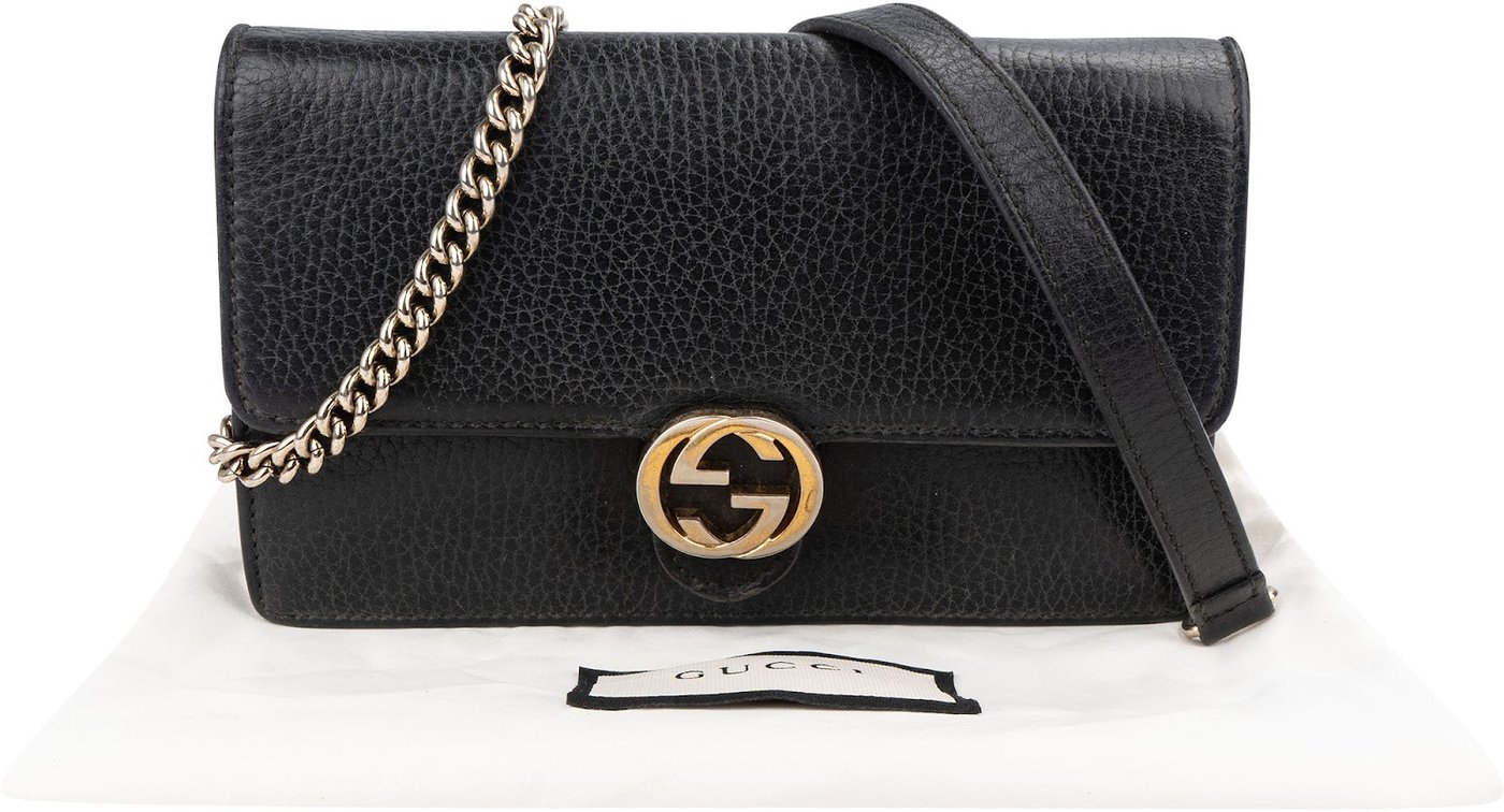 Gucci Grained Leather Interlocking GG Wallet On Chain Crossbody Bag