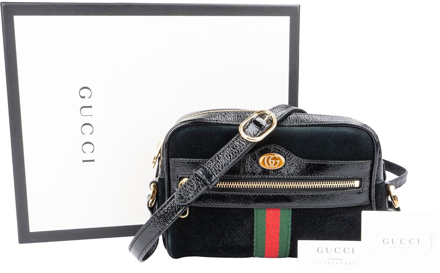 Gucci Suede Crinkled Patent Leather Ophidia Small Crossbody Bag