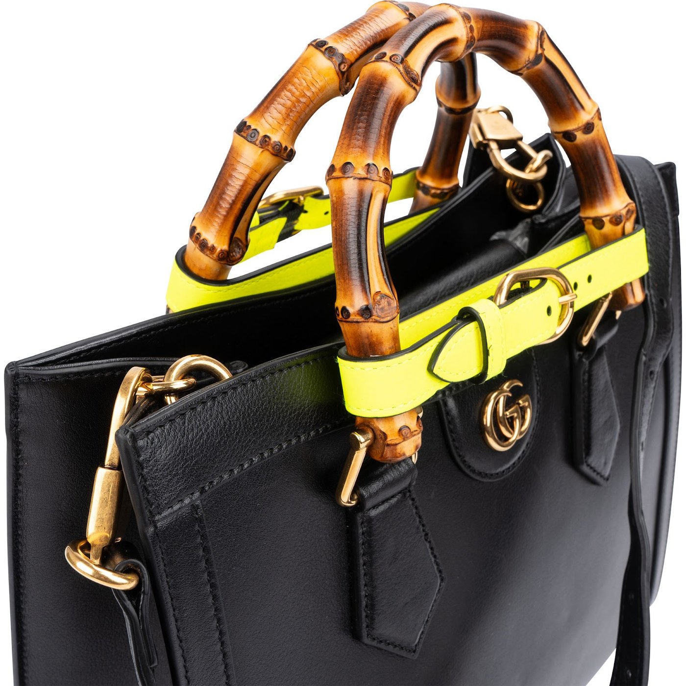 Gucci Black Leather Diana Bamboo Belts Handbag