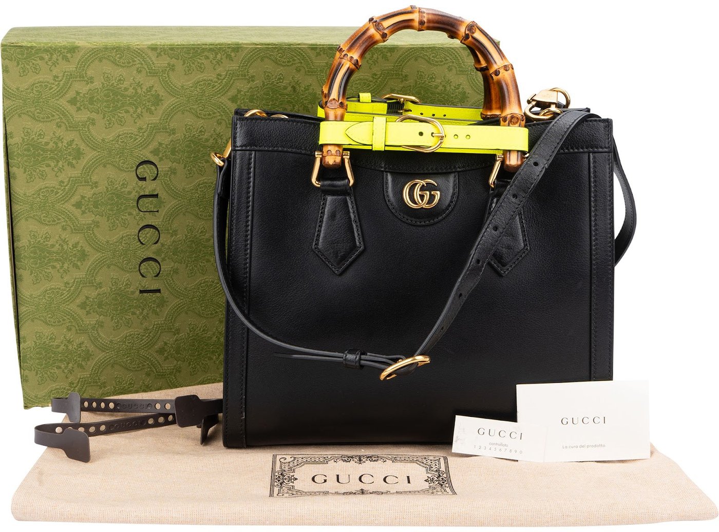 Gucci Black Leather Diana Bamboo Belts Handbag