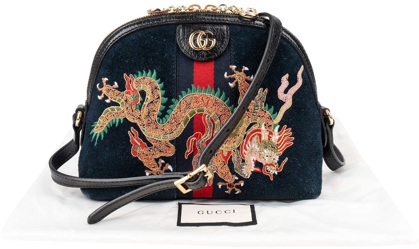 Gucci Suede Ophidia GG Embroidered Dragon Crossbody Bag