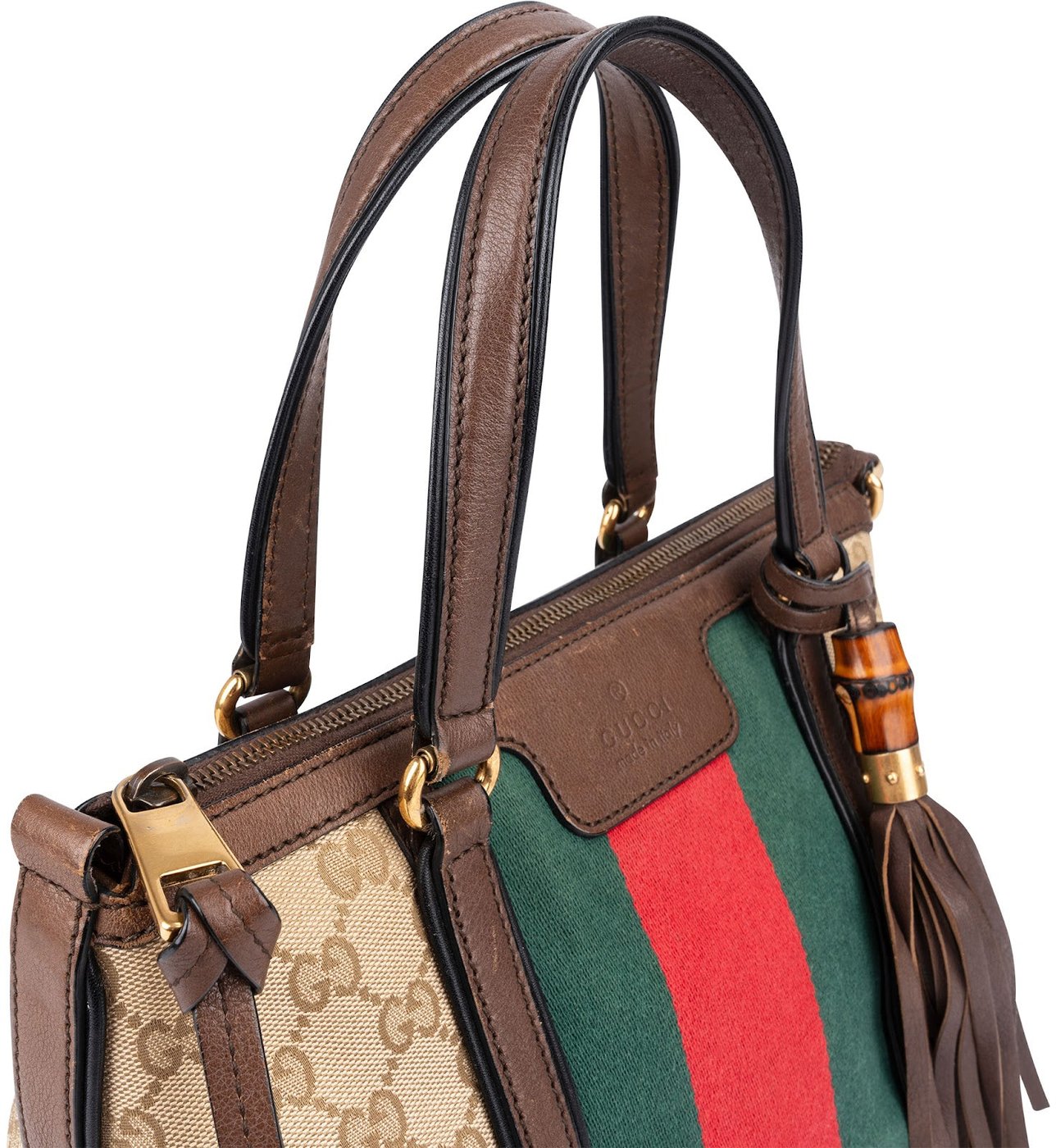 Gucci Monogram GG Canvas Bella Bamboo Tassel Tote Handbag