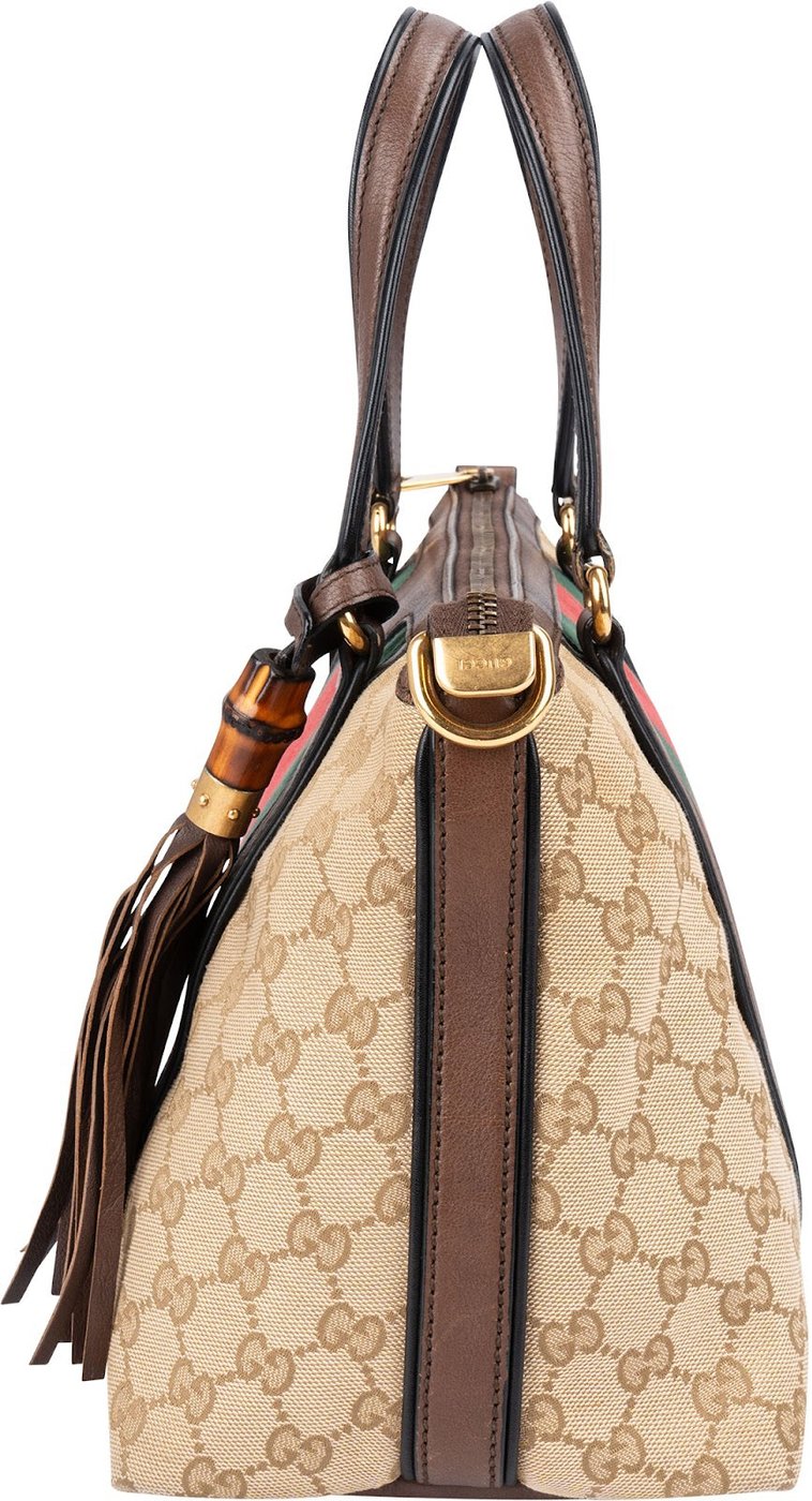 Gucci Monogram GG Canvas Bella Bamboo Tassel Tote Handbag