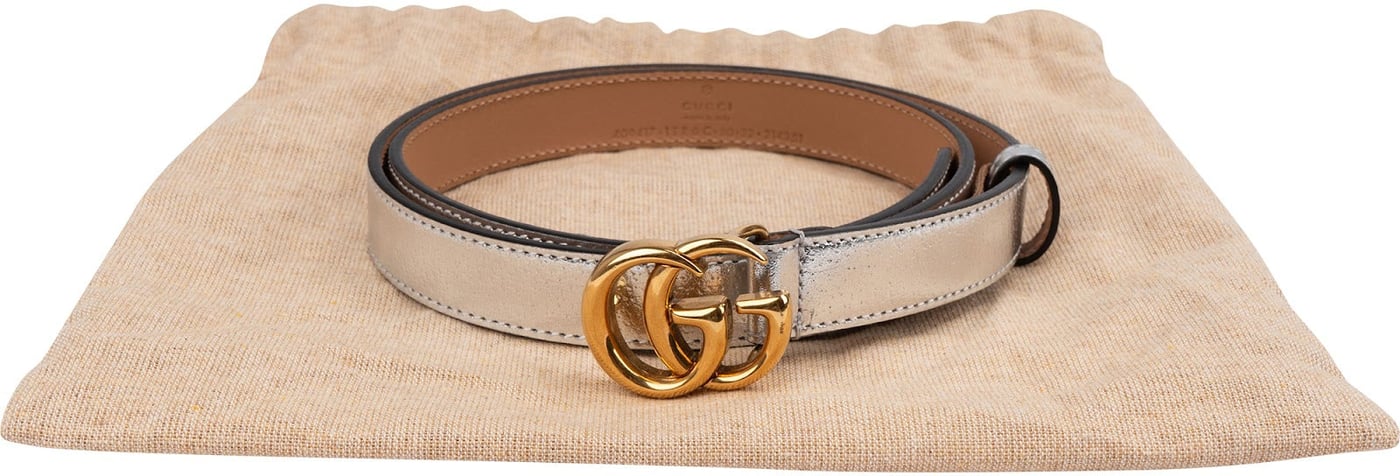 Gucci Silver Metallic Leather GG Marmont Thin Belt (80 / 32)