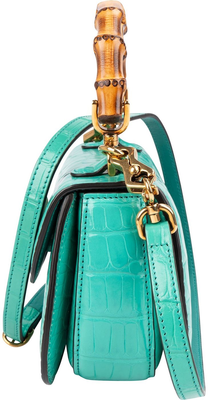 Gucci Turquoise Exotic Leather Crocodile Bamboo 1947 Mini Top Handle Crossbody Bag