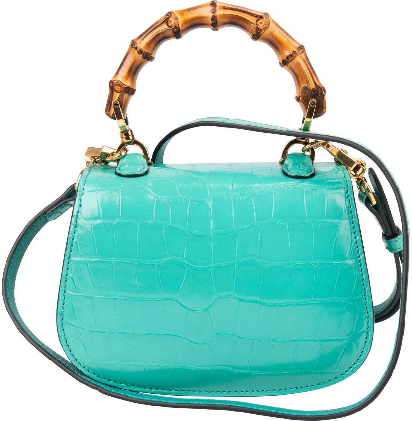 Gucci Turquoise Exotic Leather Crocodile Bamboo 1947 Mini Top Handle Crossbody Bag
