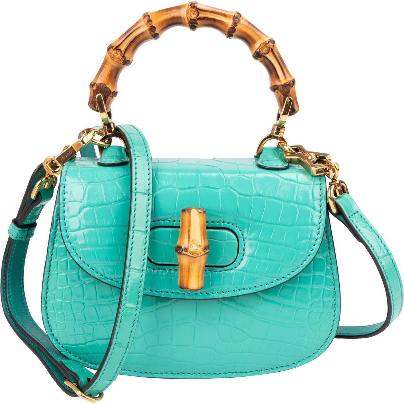 Gucci Turquoise Exotic Leather Crocodile Bamboo 1947 Mini Top Handle Crossbody Bag