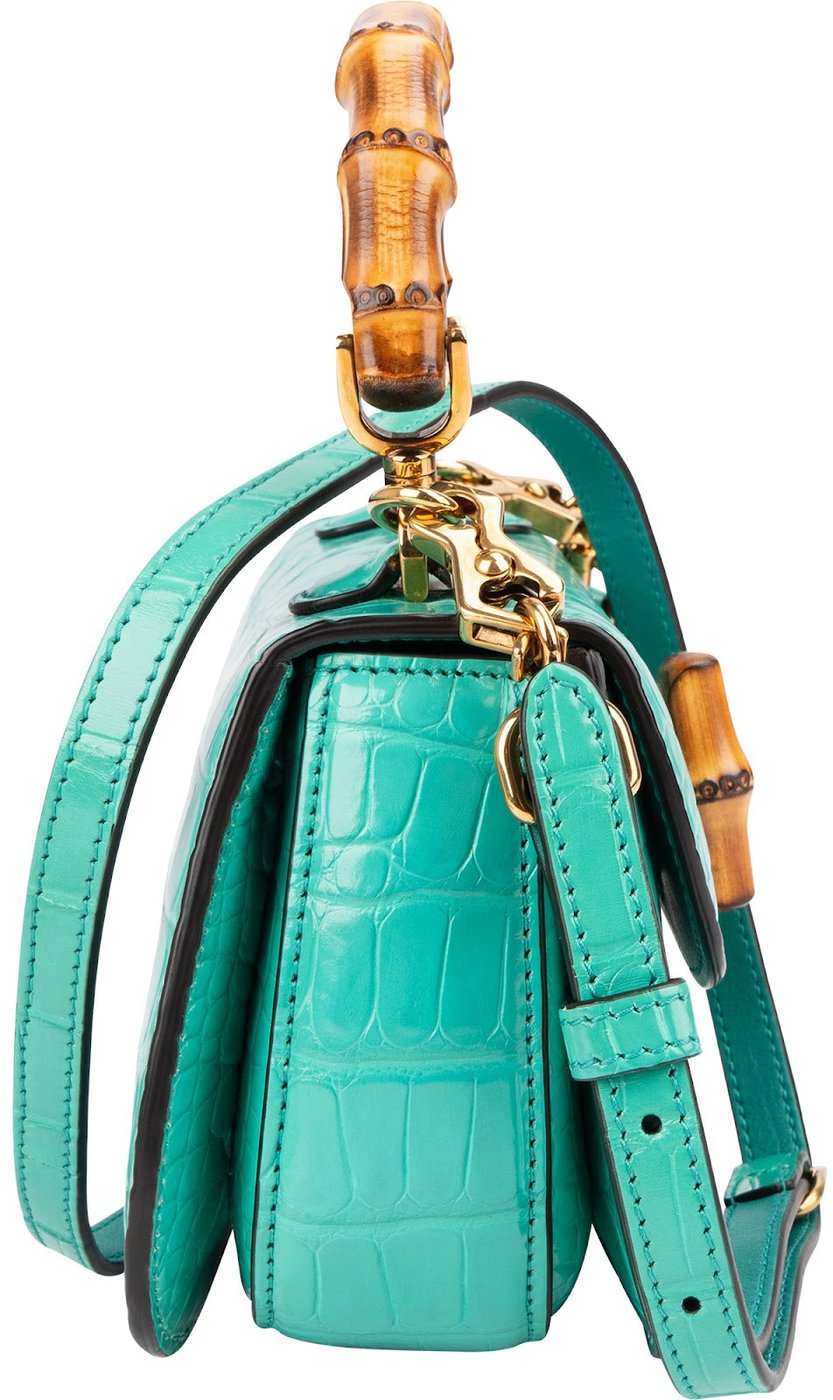 Gucci Turquoise Exotic Leather Crocodile Bamboo 1947 Mini Top Handle Crossbody Bag