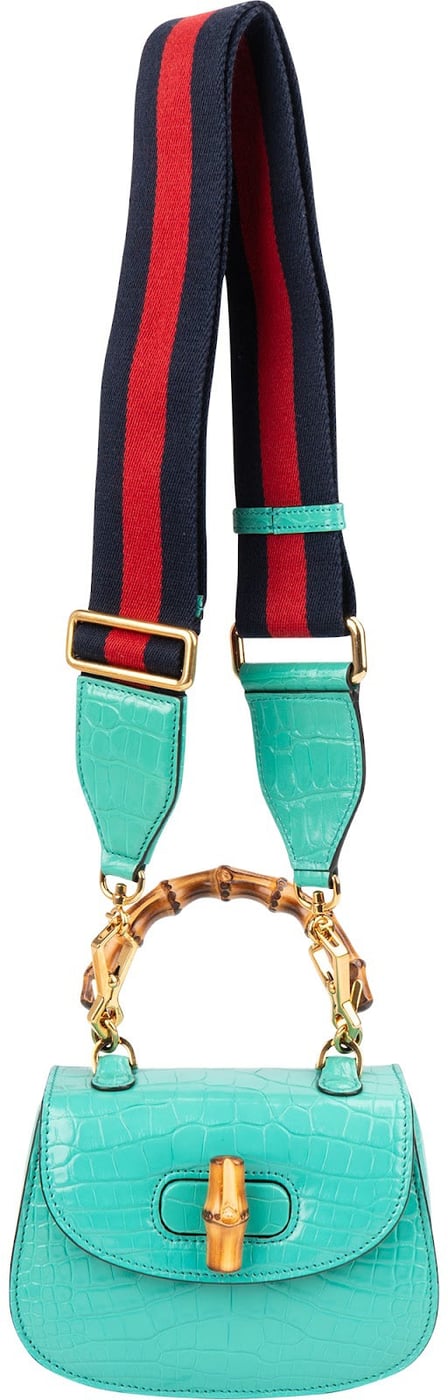 Gucci Turquoise Exotic Leather Crocodile Bamboo 1947 Mini Top Handle Crossbody Bag