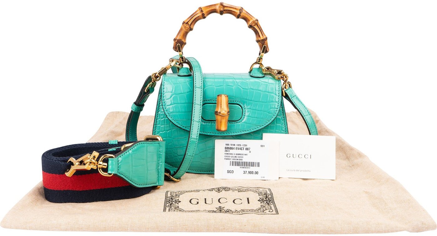 Gucci Turquoise Exotic Leather Crocodile Bamboo 1947 Mini Top Handle Crossbody Bag