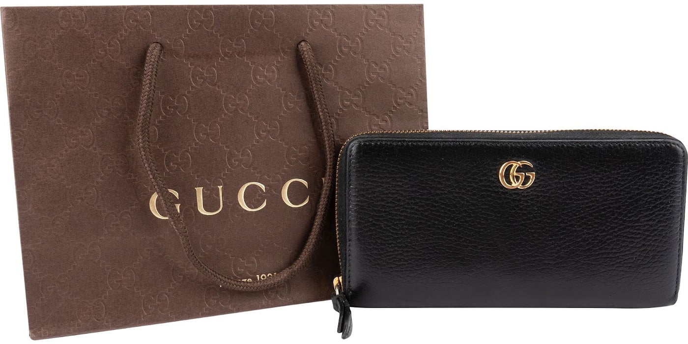 Gucci Black Leather GG Marmont Zip Around Wallet