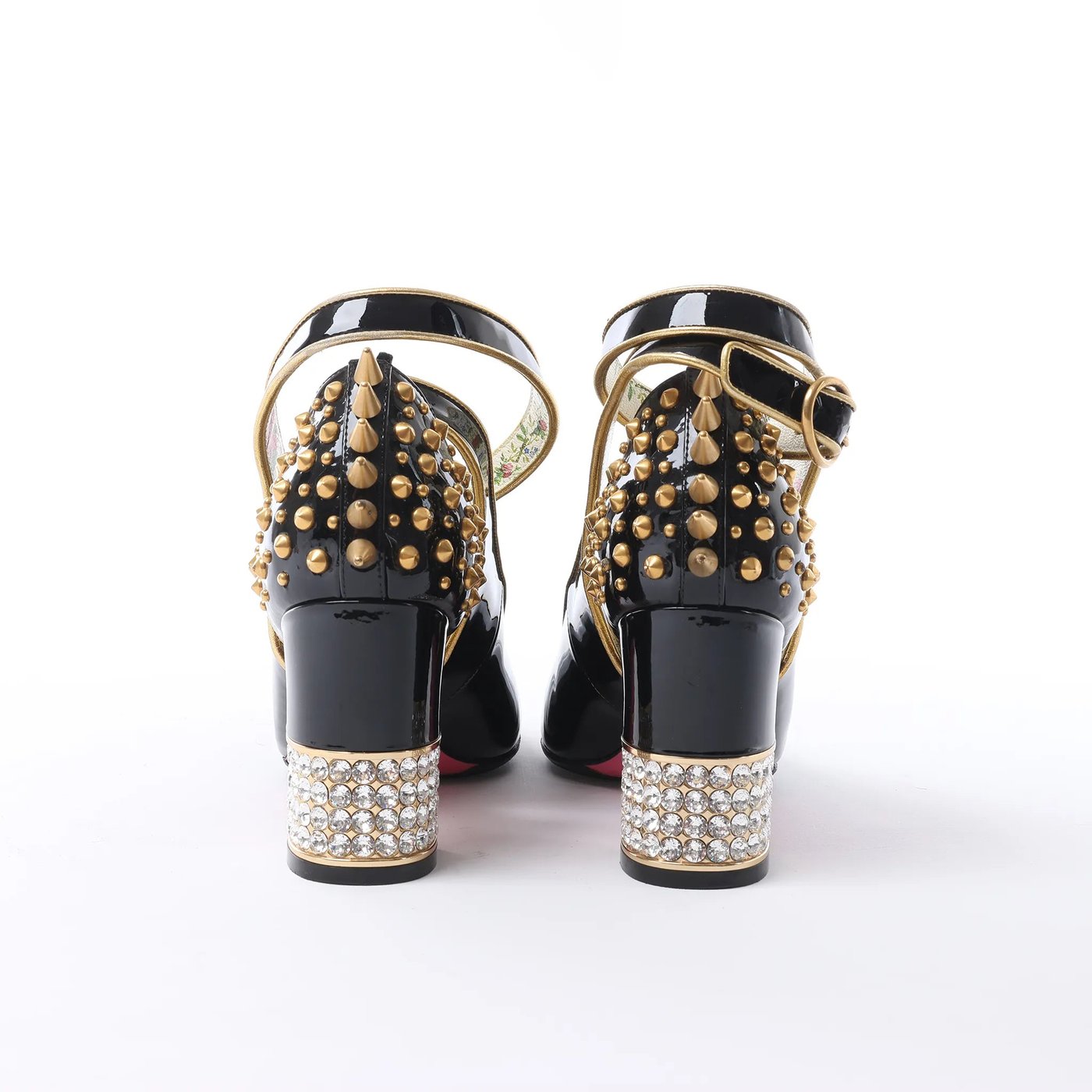 Gucci Caspar Patent Leather Strap Pumps in Black×Gold 492050, Size EU 38.5