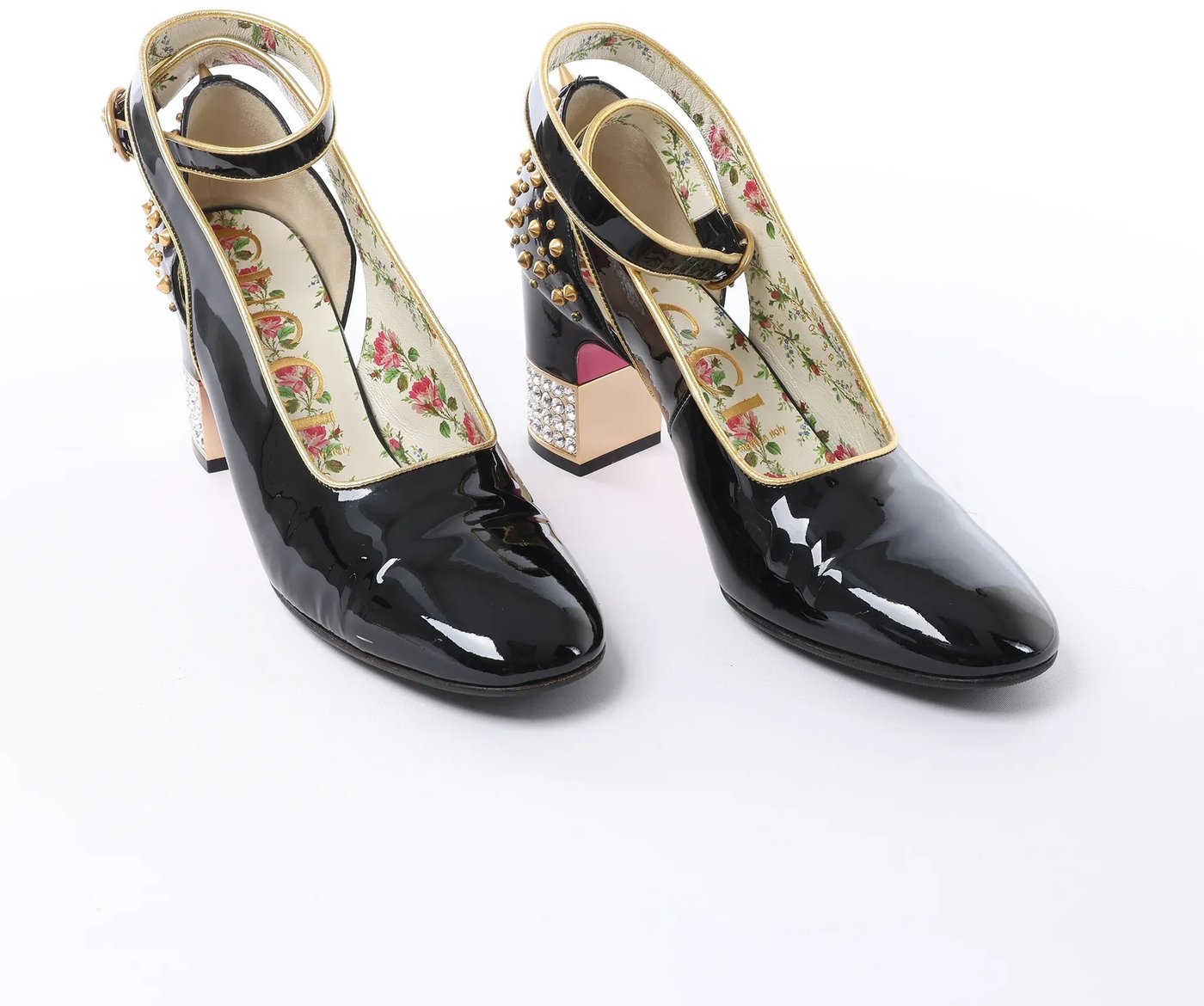 Gucci Caspar Patent Leather Strap Pumps in Black×Gold 492050, Size EU 38.5