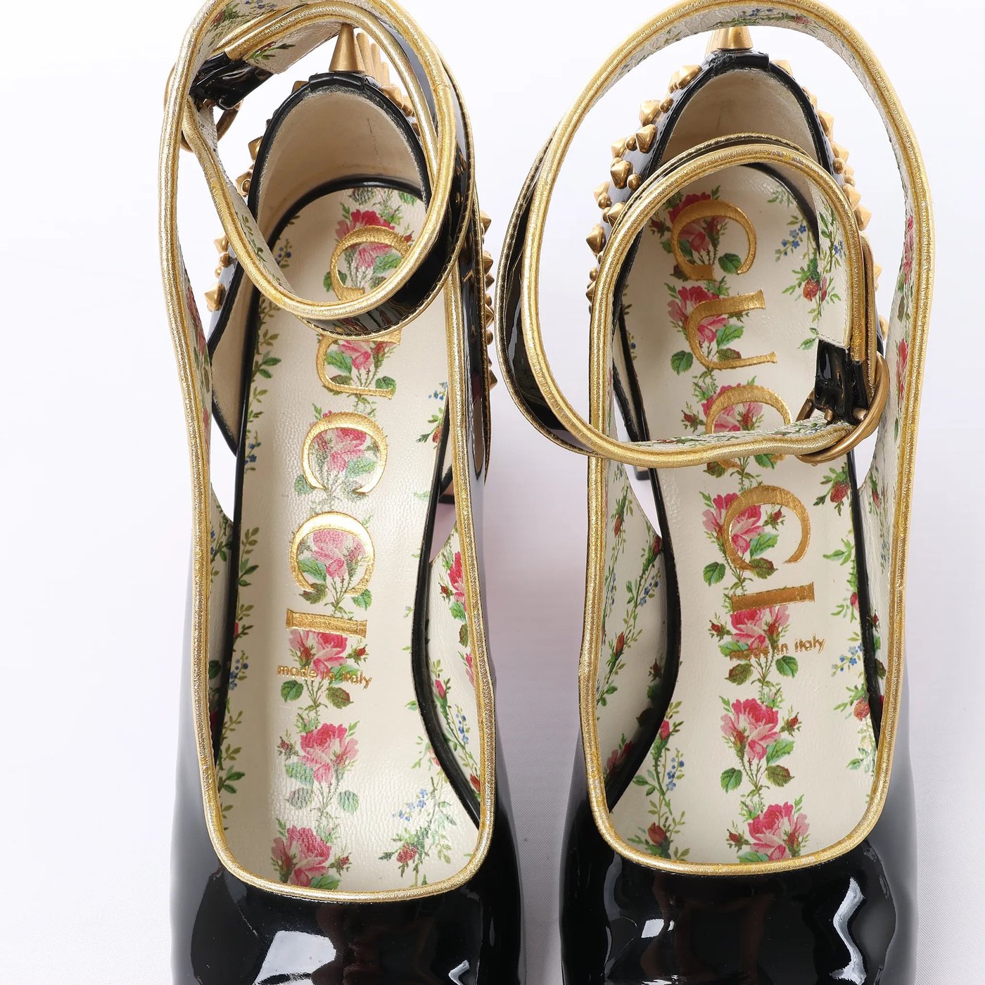 Gucci Caspar Patent Leather Strap Pumps in Black×Gold 492050, Size EU 38.5