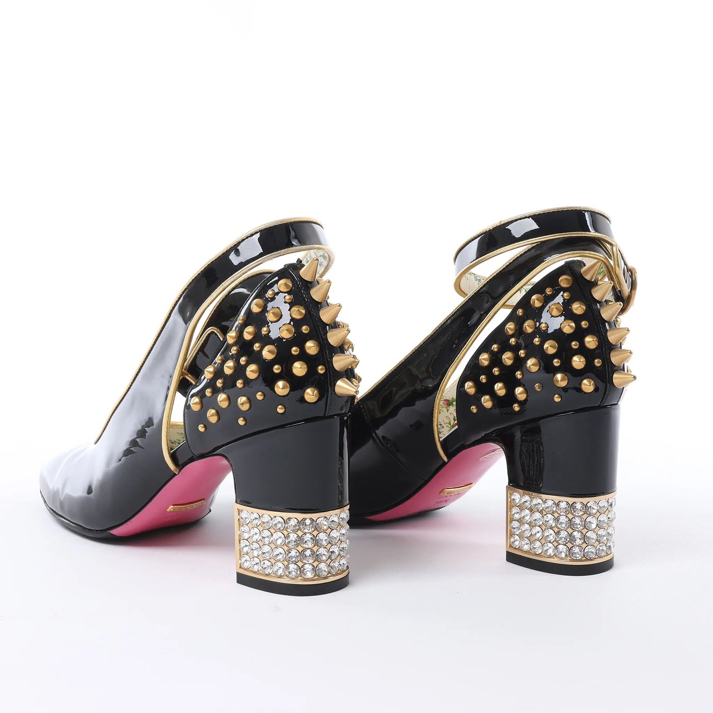Gucci Caspar Patent Leather Strap Pumps in Black×Gold 492050, Size EU 38.5