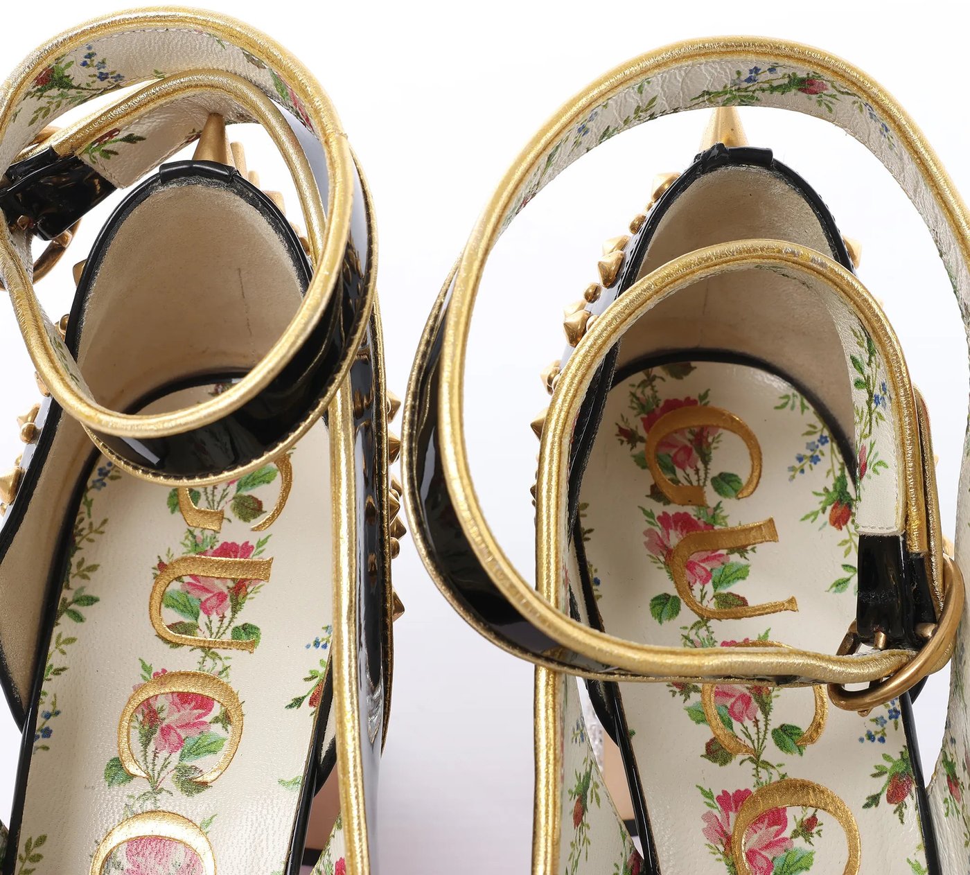 Gucci Caspar Patent Leather Strap Pumps in Black×Gold 492050, Size EU 38.5