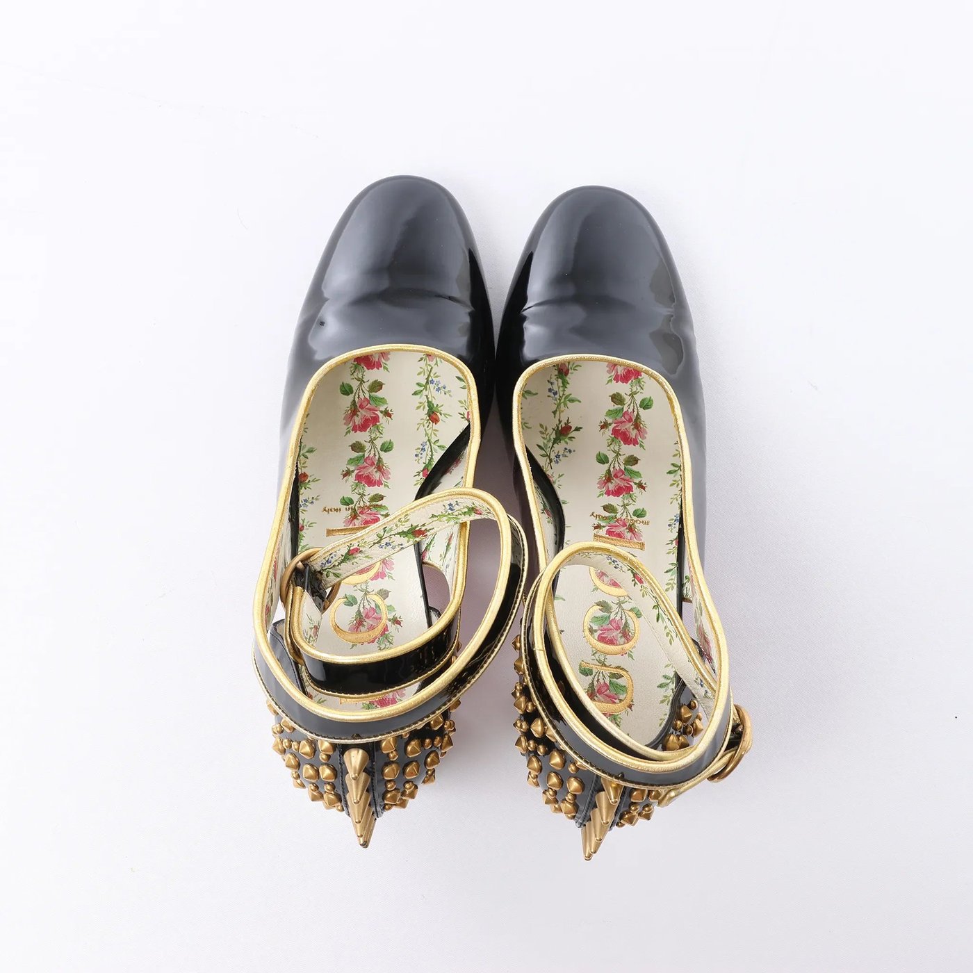 Gucci Caspar Patent Leather Strap Pumps in Black×Gold 492050, Size EU 38.5