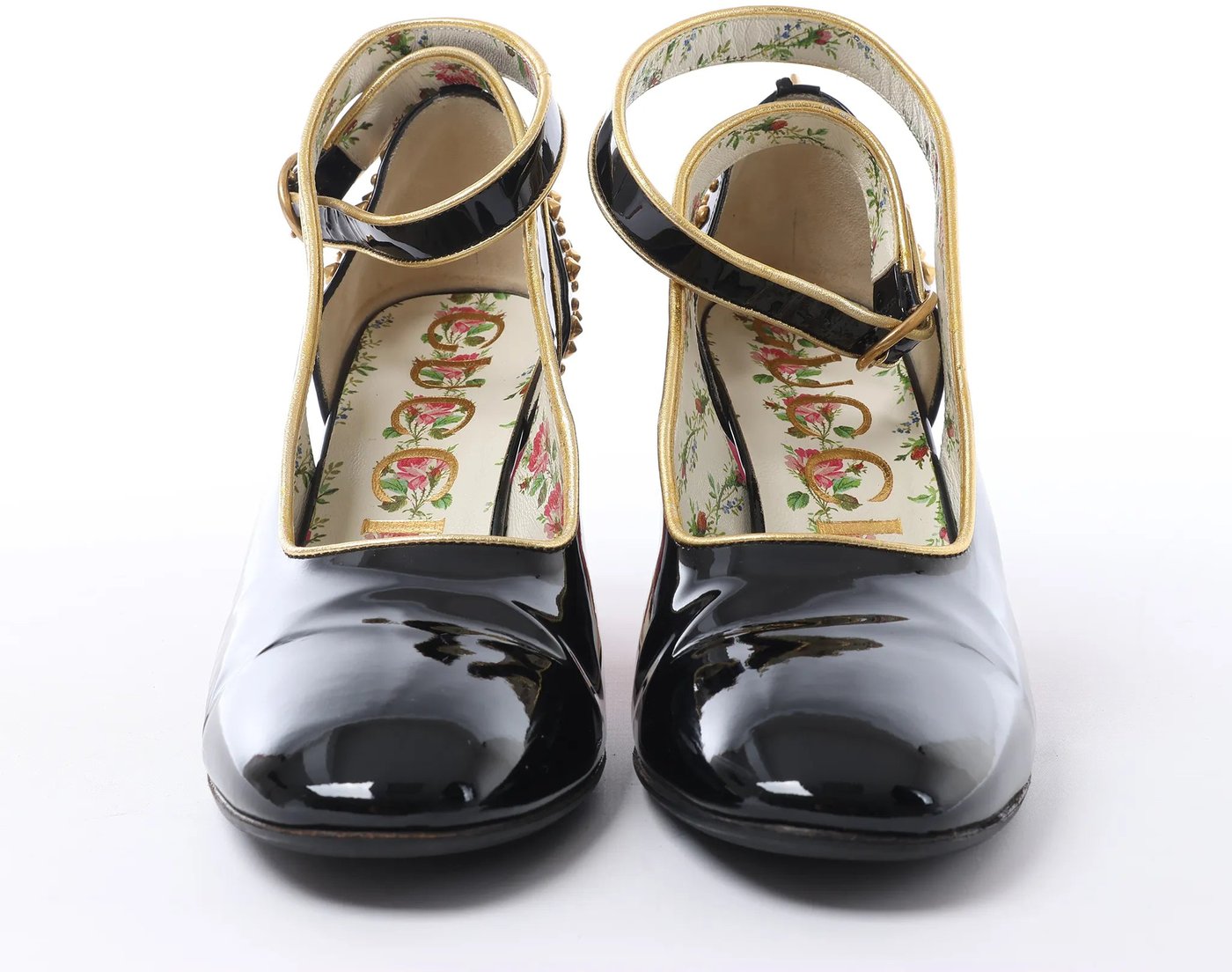 Gucci Caspar Patent Leather Strap Pumps in Black×Gold 492050, Size EU 38.5