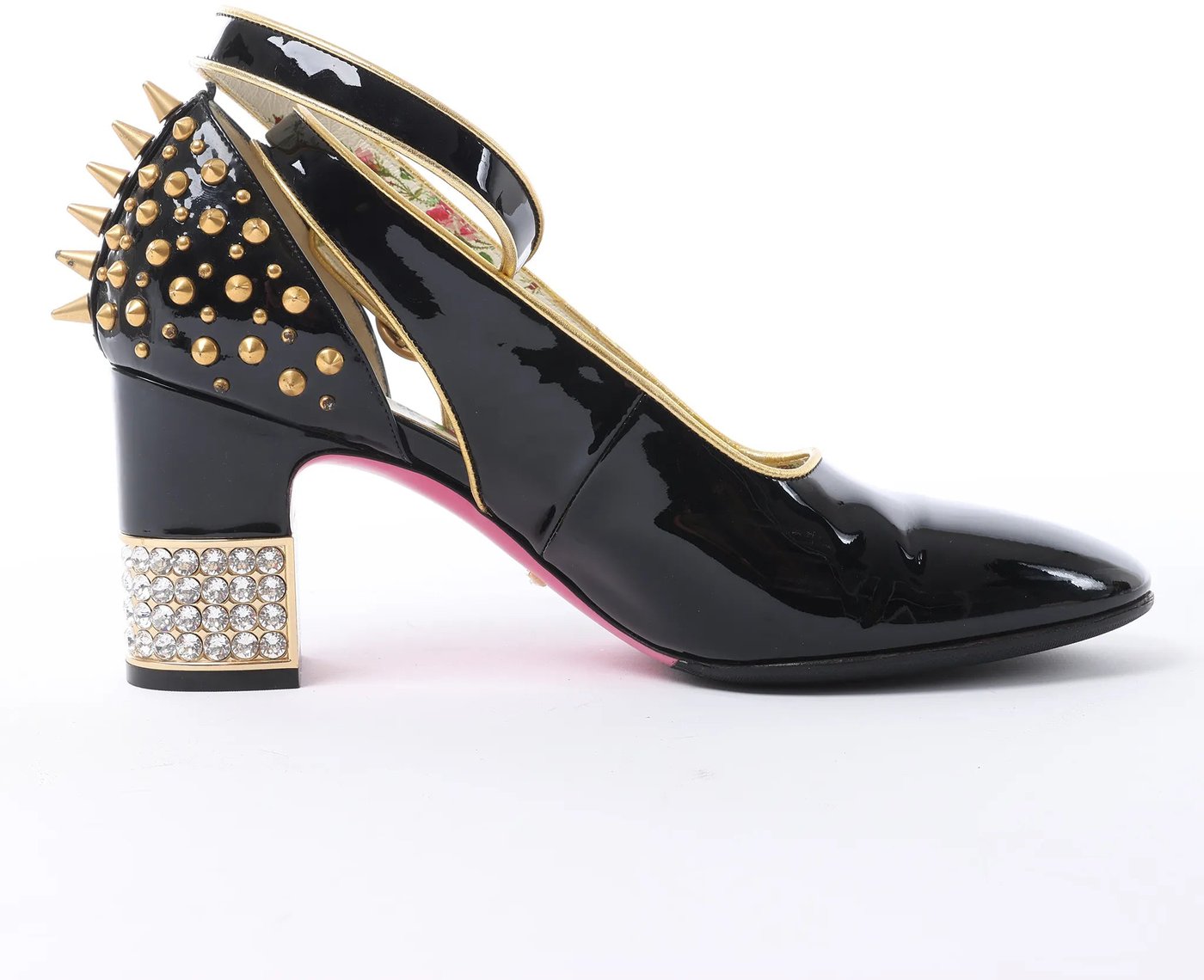 Gucci Caspar Patent Leather Strap Pumps in Black×Gold 492050, Size EU 38.5