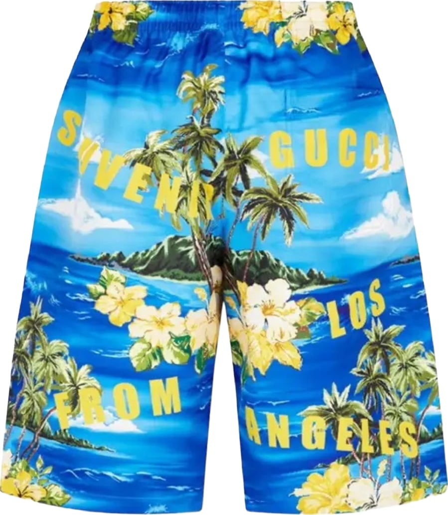 Gucci Poplin Printed Shorts Men's Swimshorts Blue Yellow