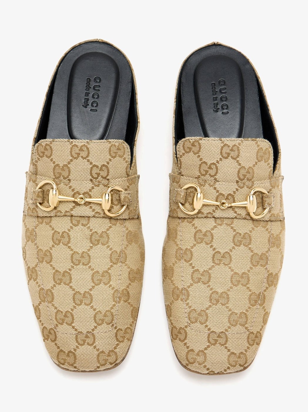 Slip-On Beige Canvas Mules With Monogram Pattern And Gold-Tone Horsebit