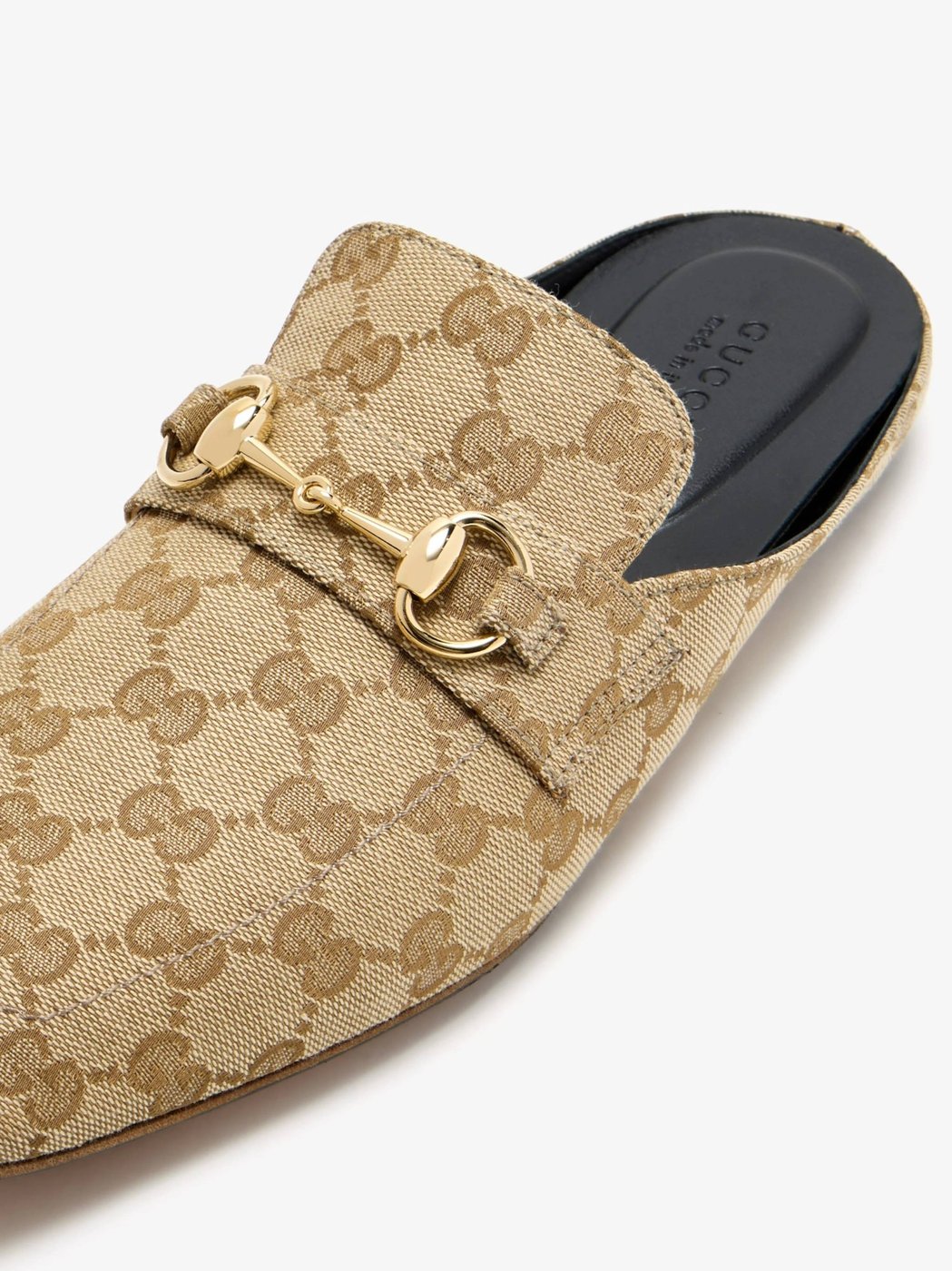 Slip-On Beige Canvas Mules With Monogram Pattern And Gold-Tone Horsebit