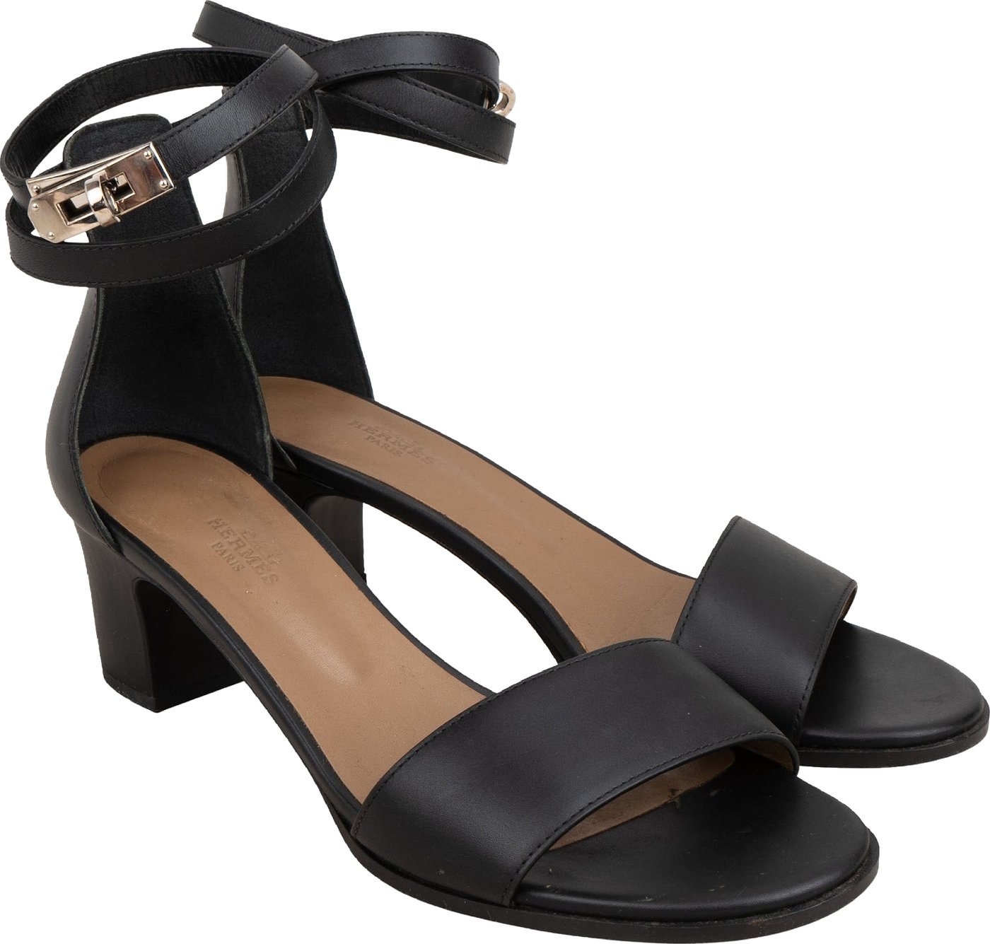 Hermès Black Calfskin Kelly Lock Nuba 50 Block Heel Manege Sandals (40)