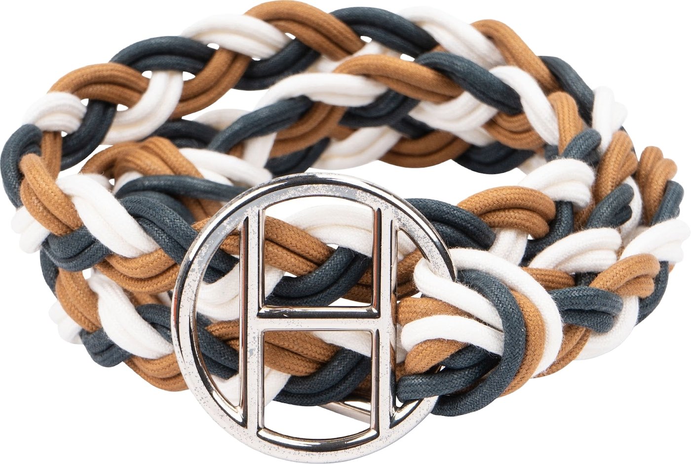 Hermès Bleu Petrole Blanc Cordonnet Cord Kiss H Belt (70)