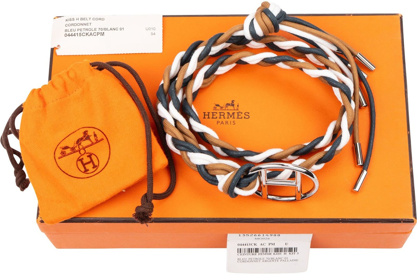 Hermès Bleu Petrole Blanc Cordonnet Cord Kiss H Belt (70)