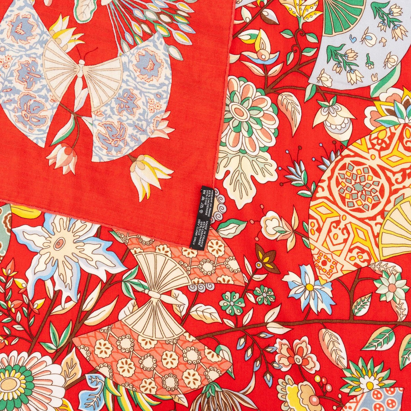 Hermès Eventails Cashmere Silk 140 Scarf Tuch FLEURS ET PAPILLONS DE TISSUS