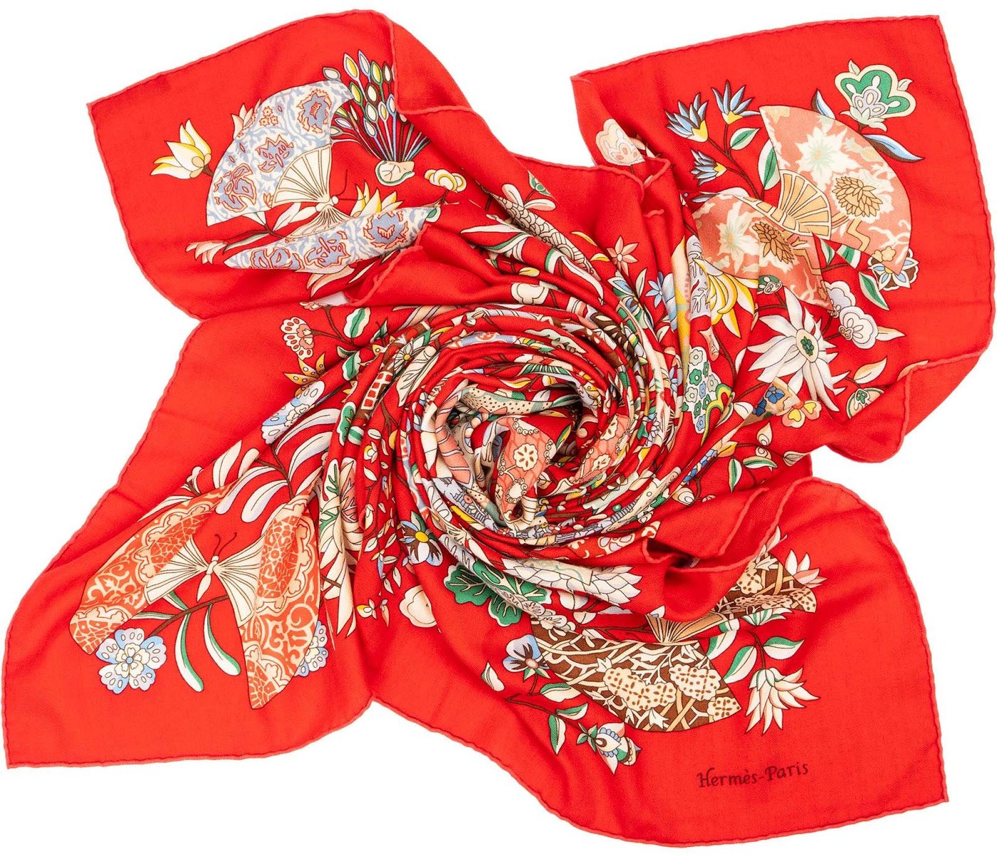 Hermès Eventails Cashmere Silk 140 Scarf Tuch FLEURS ET PAPILLONS DE TISSUS