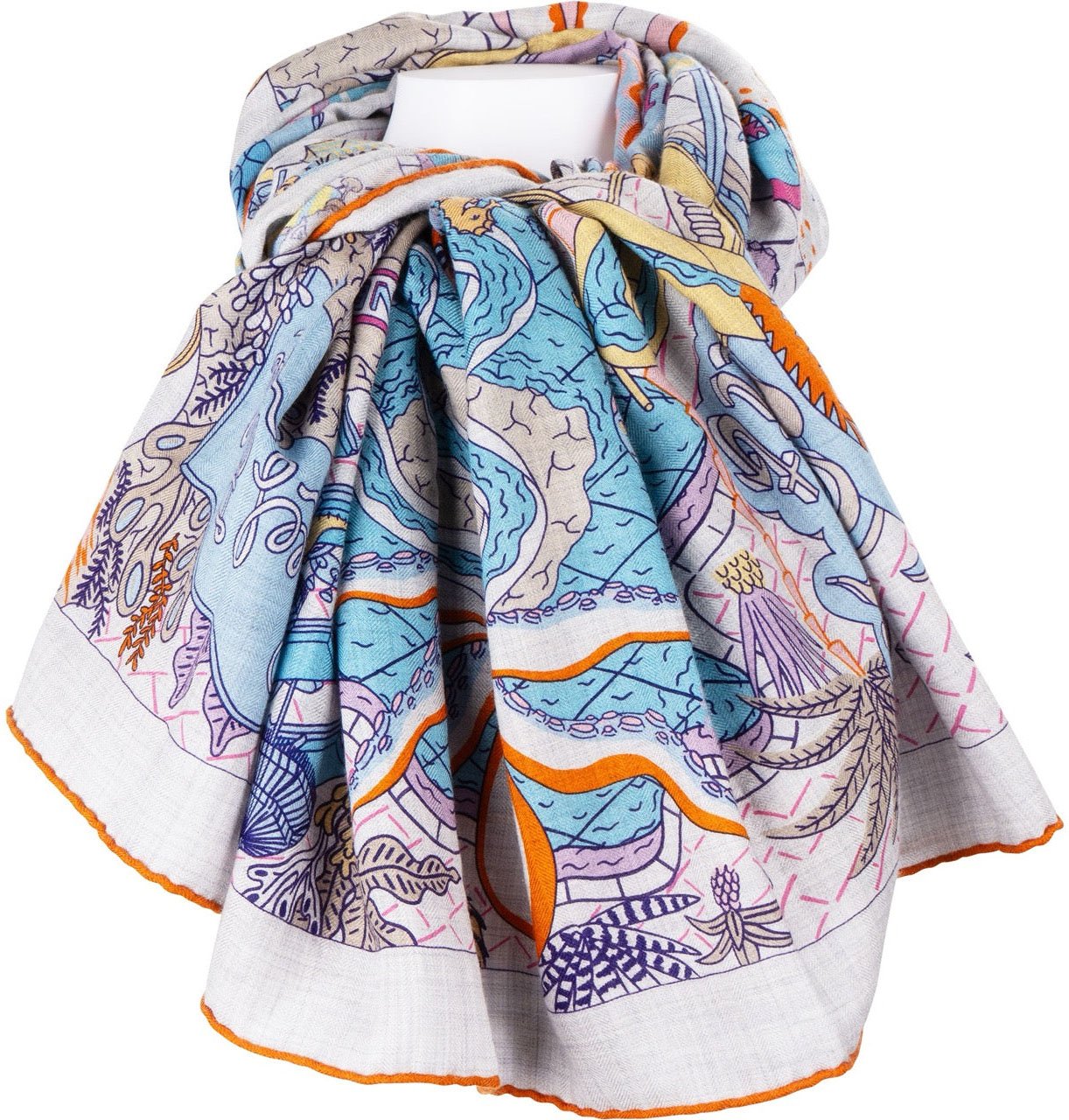 Hermes Grey Splash Park Hippodrome Gavroche Silk Cashmere 140 Scarf Tuch