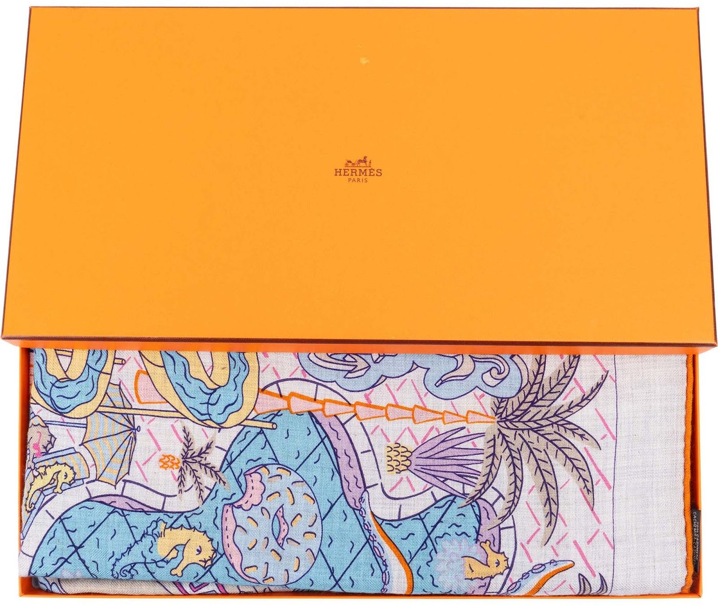 Hermes Grey Splash Park Hippodrome Gavroche Silk Cashmere 140 Scarf Tuch