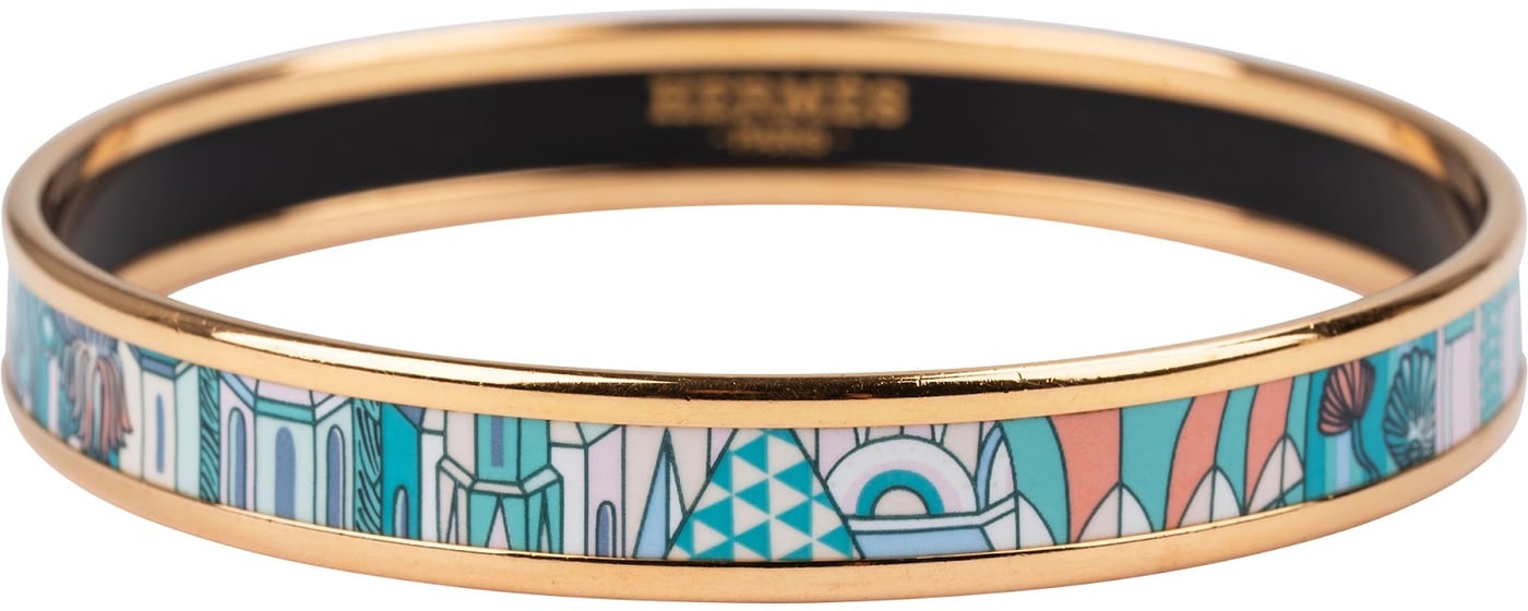Hermès Gold Tone Enamel La Cité Cavalière Bangle Bracelet