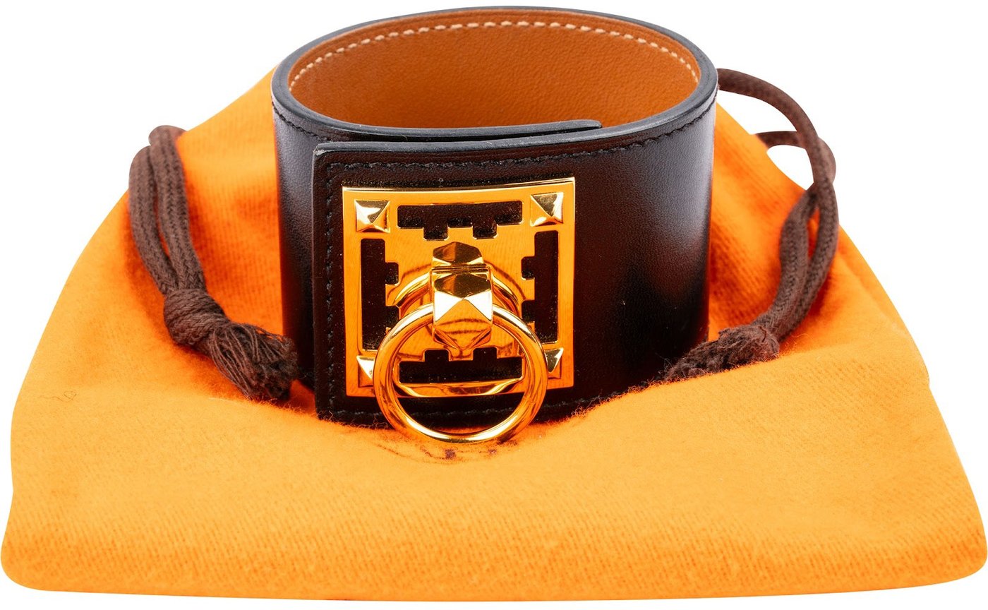 Hermès Black Leather Créneau Rock Bracelet