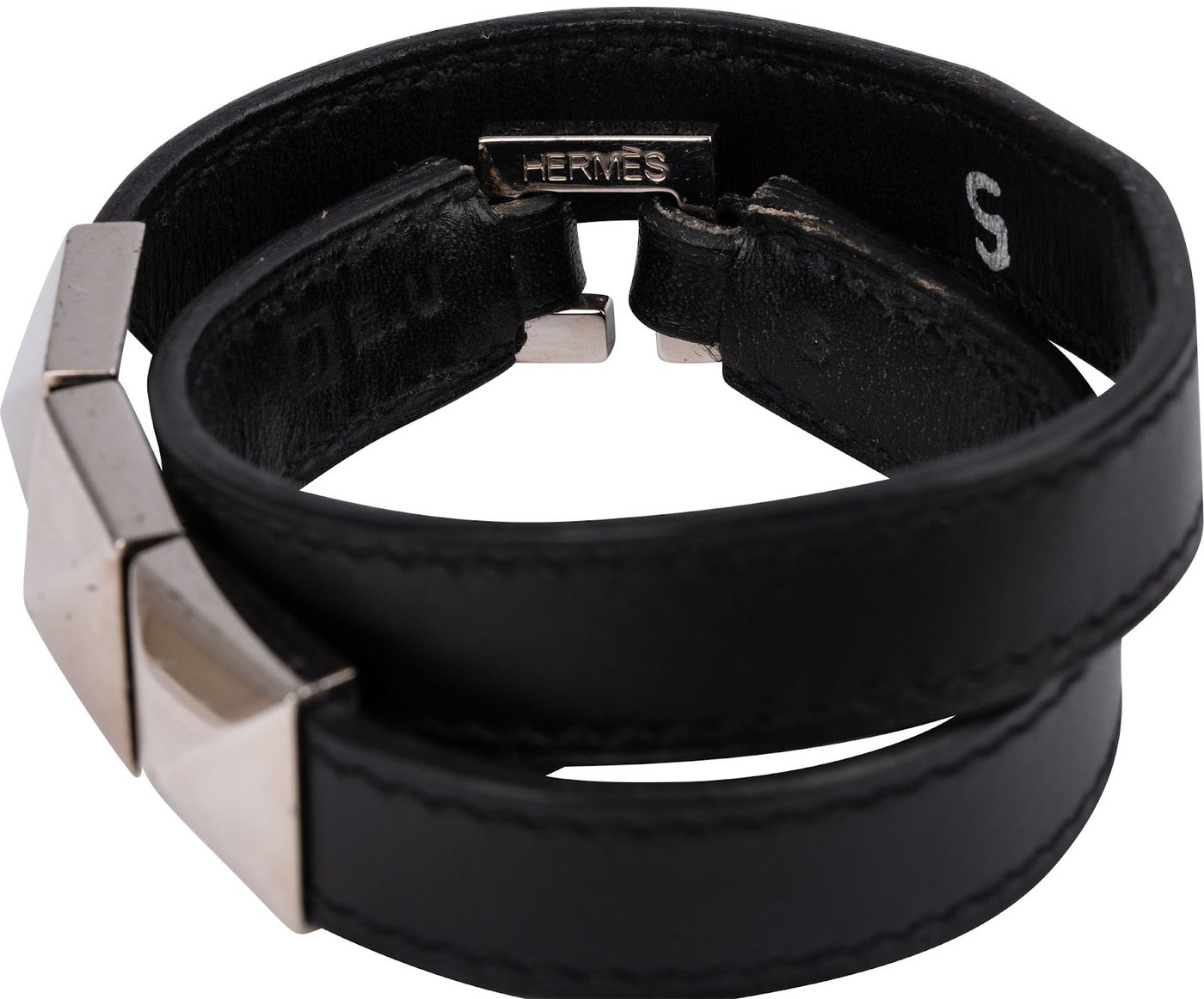 Hermès Black Leather Medor Studs Double Tour Bracelet