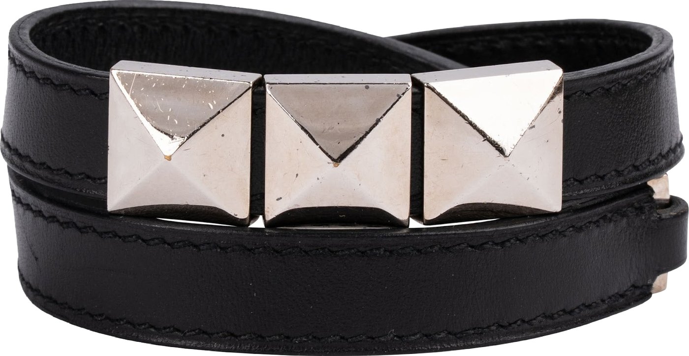 Hermès Black Leather Medor Studs Double Tour Bracelet