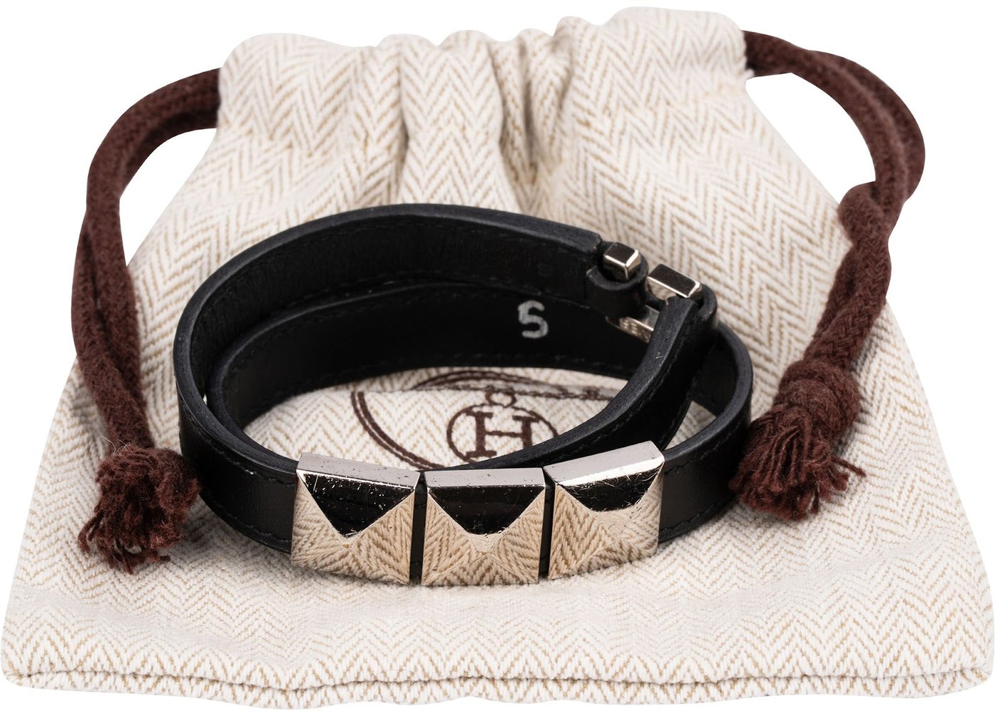 Hermès Black Leather Medor Studs Double Tour Bracelet