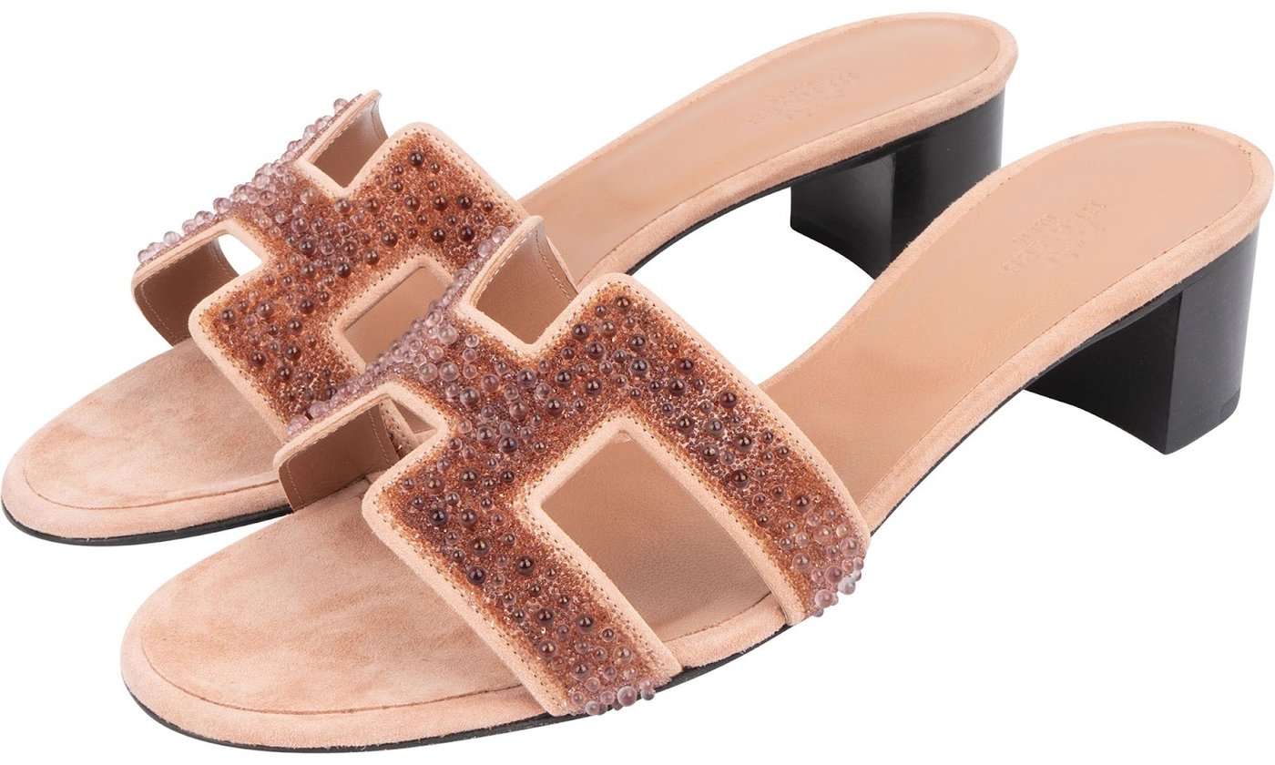 Hermès Pink Leather & Suede Beaded Oasis Sandals (40)