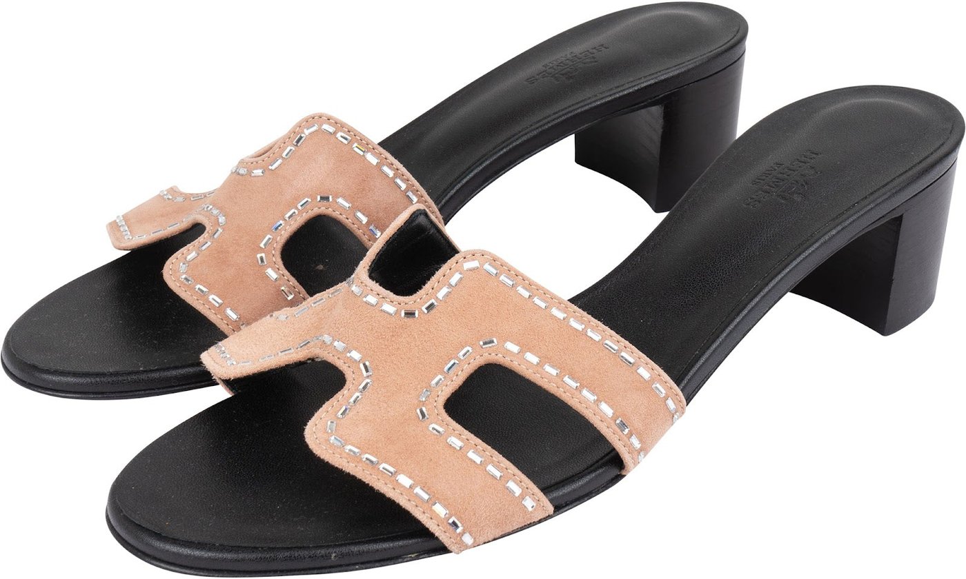 Hermès Black Leather Pink Beaded Suede Oasis Sandals (40)