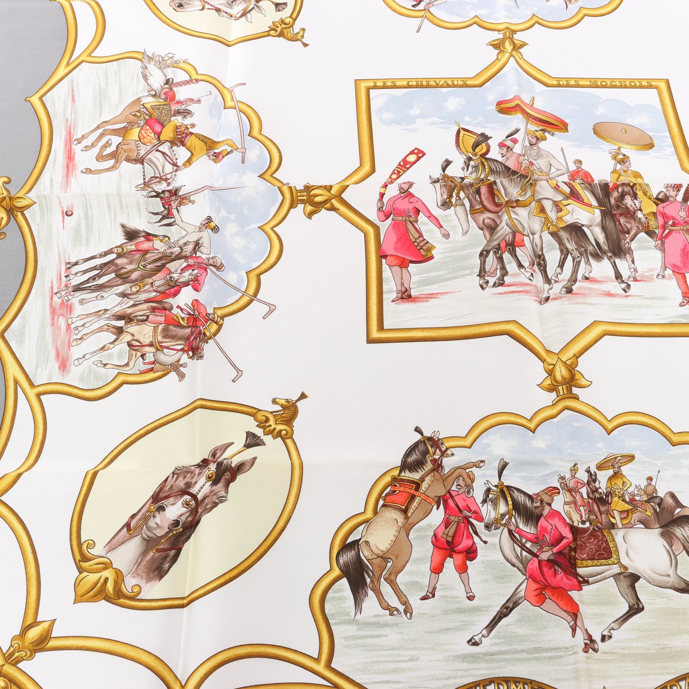 Hermès Carré 90 "LES CHEVAUX DES MOGHOLS" Silk handkerchief in Gray