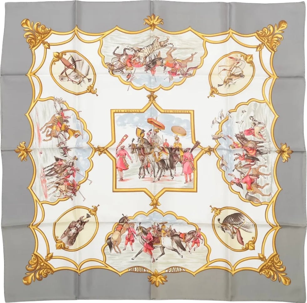 Hermès Carré 90 "LES CHEVAUX DES MOGHOLS" Silk handkerchief in Gray