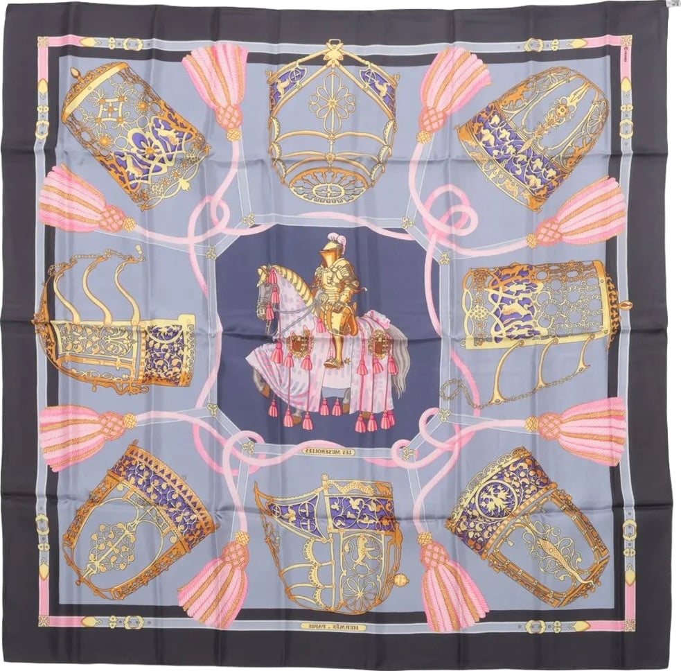 Hermès Carré 90 "LES MUSEROLLES" Silk handkerchief in Gray
