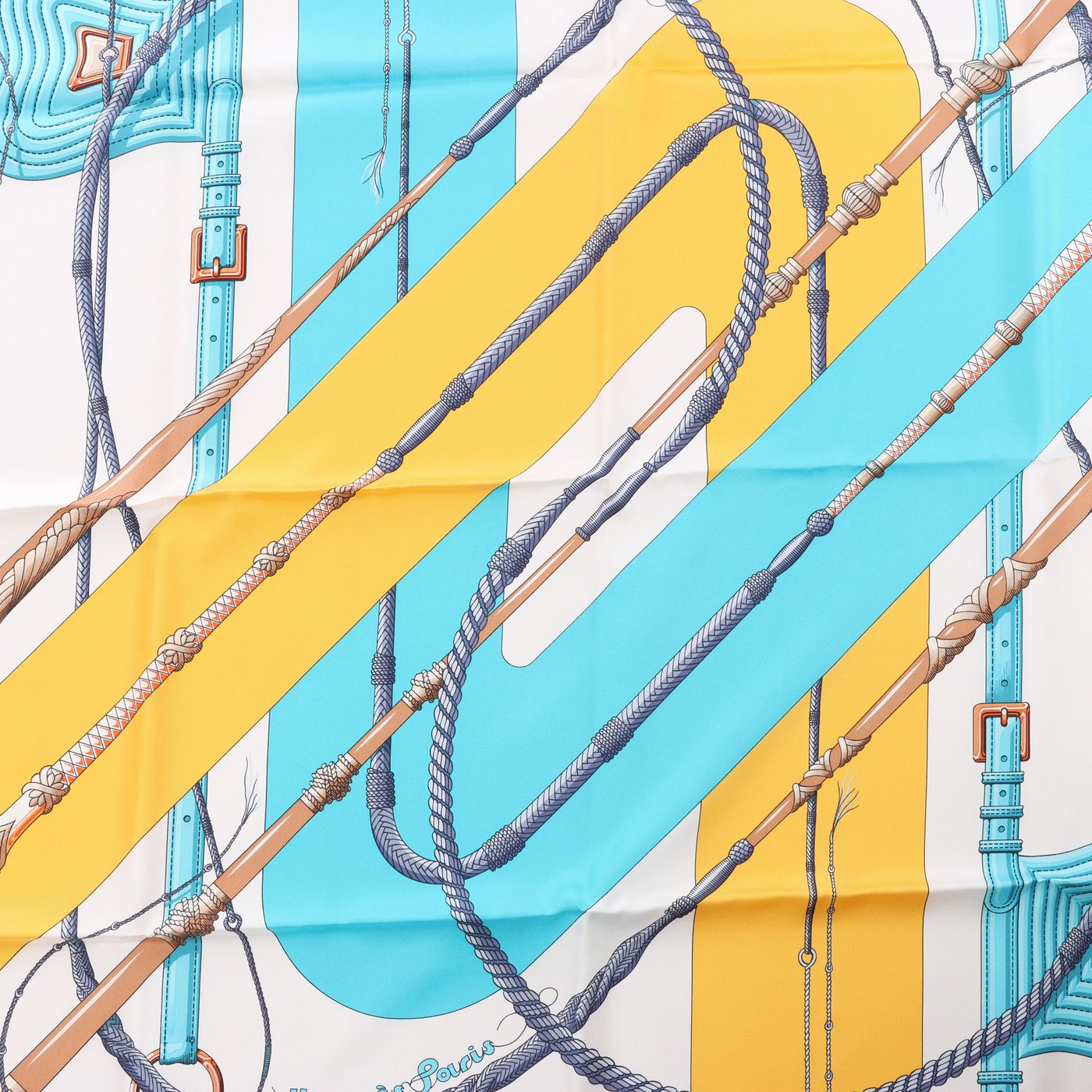 Hermès Carré 90 "Clic Clac" Scarf Silk in Blue x Yellow