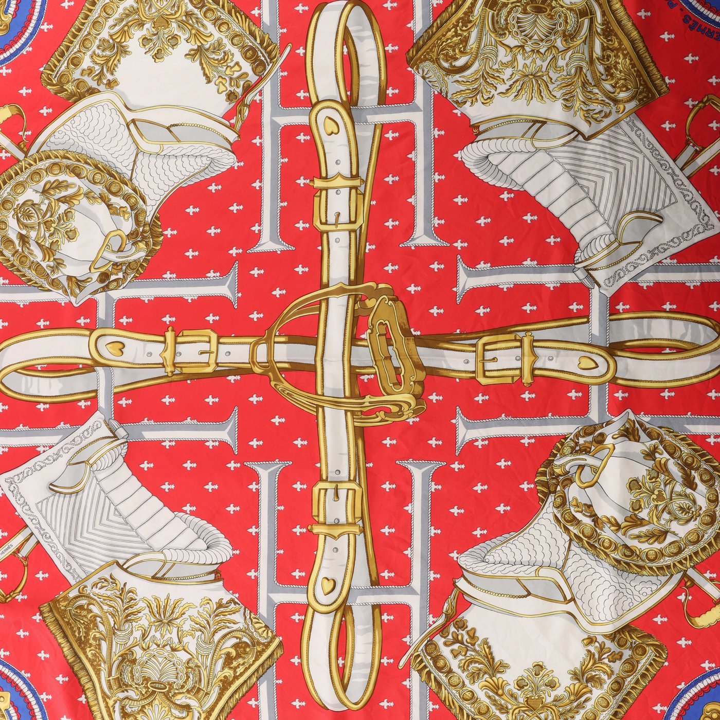 Hermès Carré 90 "SELLES A HOUSSE" Scarf Silk in Blue x Red