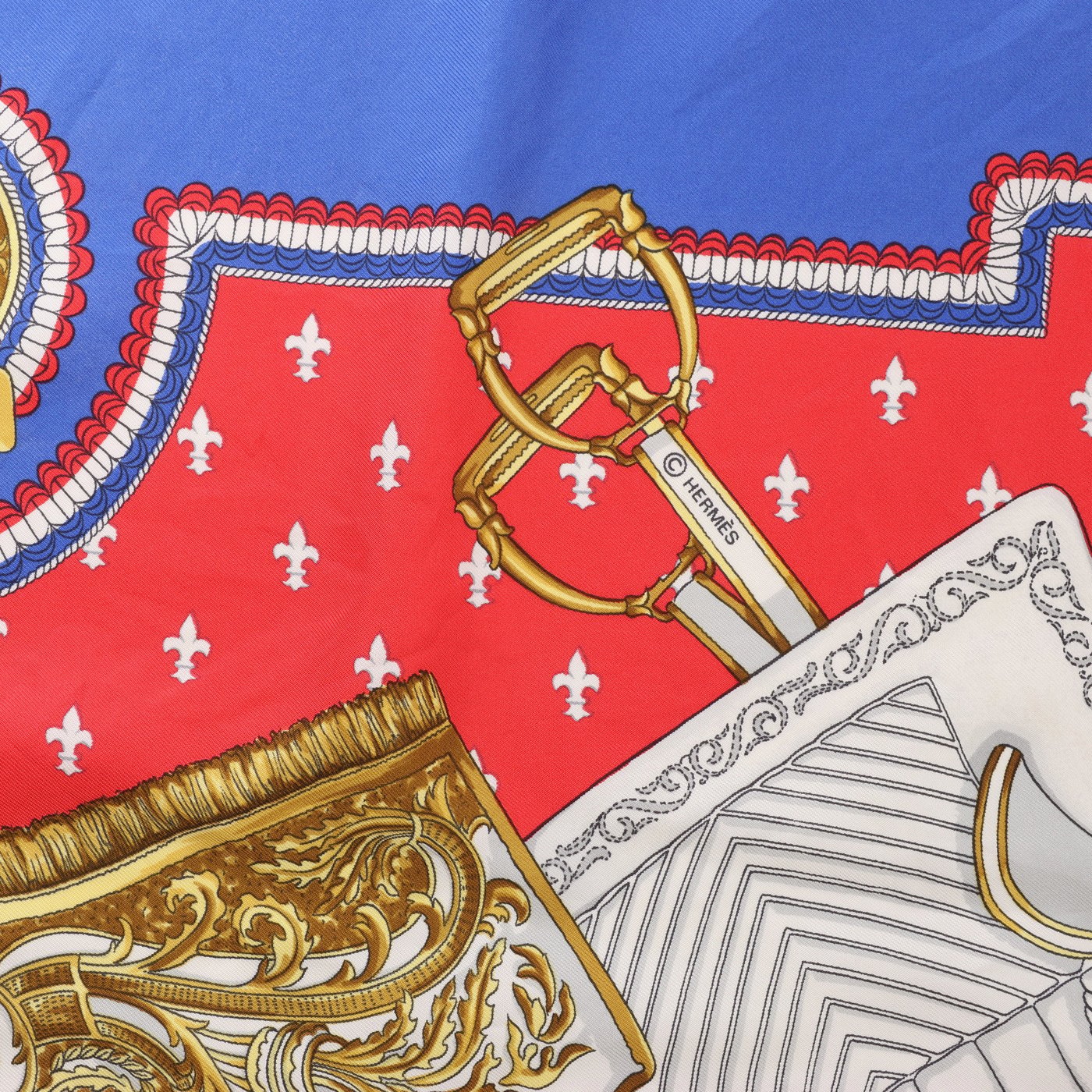 Hermès Carré 90 "SELLES A HOUSSE" Scarf Silk in Blue x Red