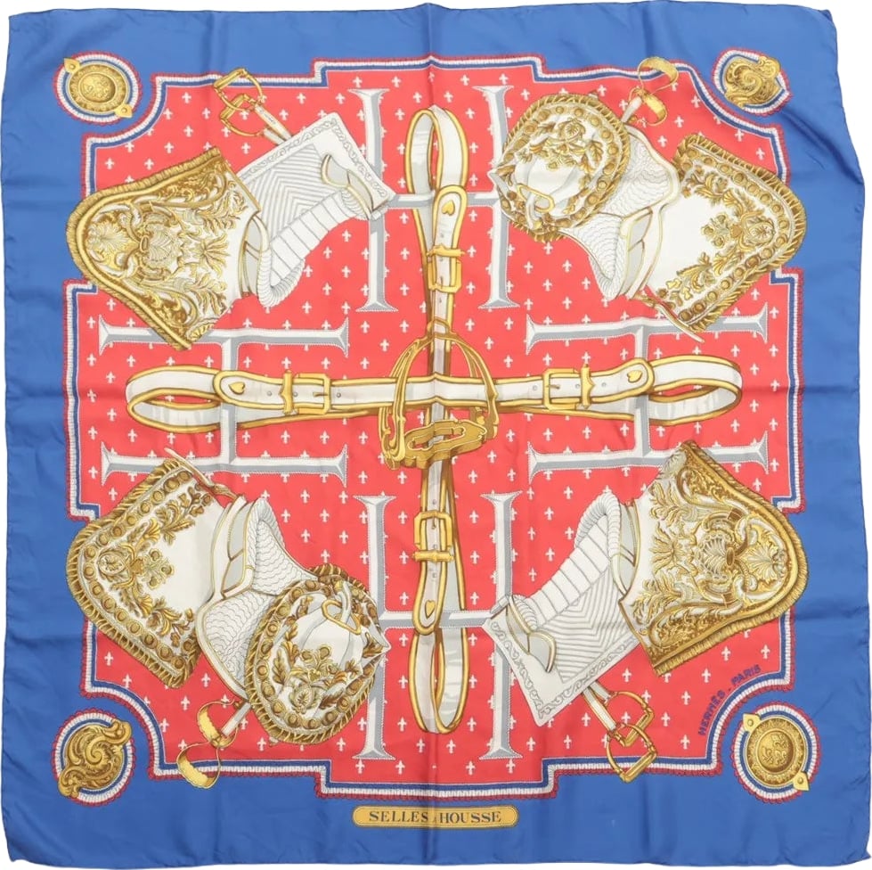 Hermès Carré 90 "SELLES A HOUSSE" Scarf Silk in Blue x Red
